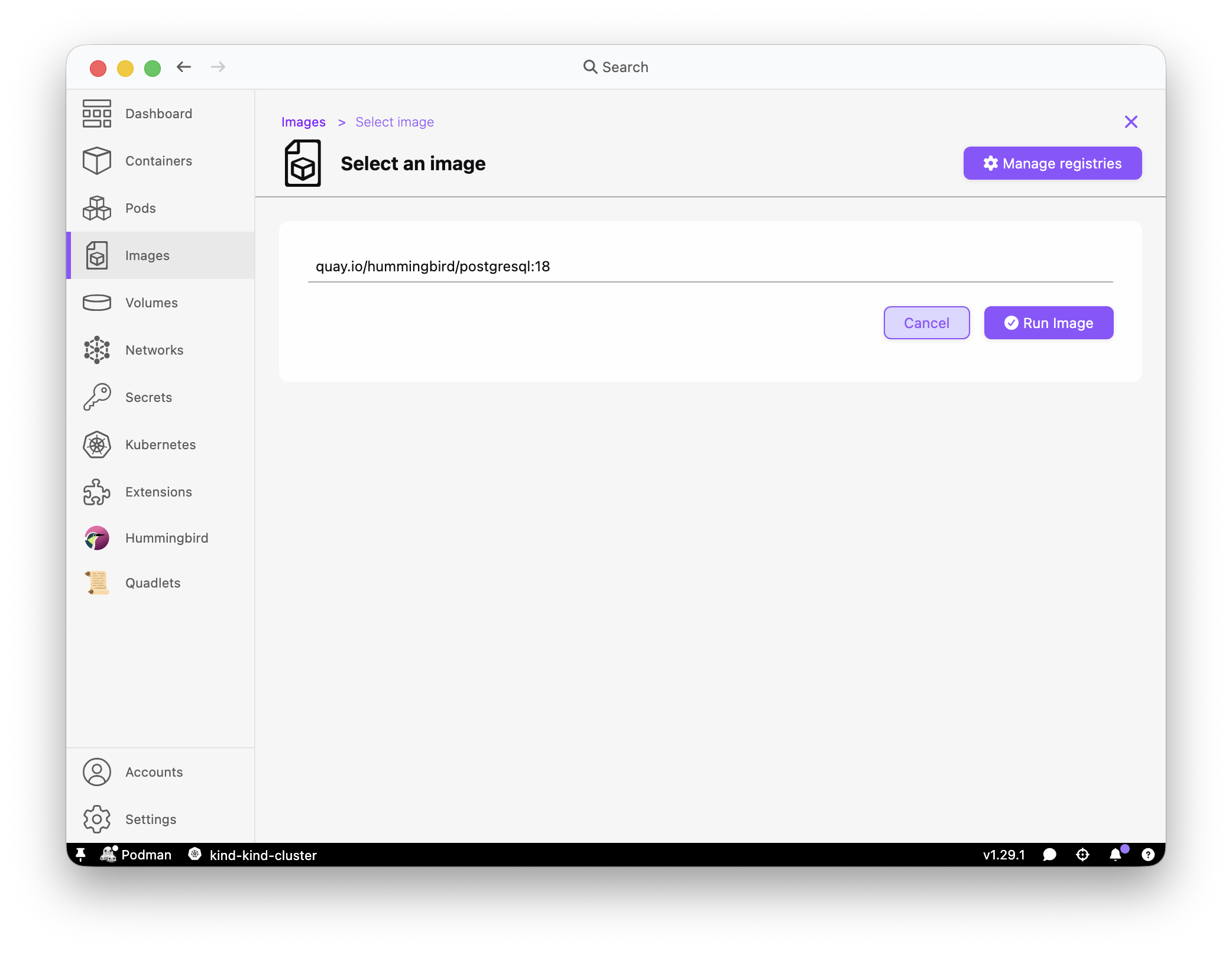 Podman Desktop run existing image hummingbird postgresql