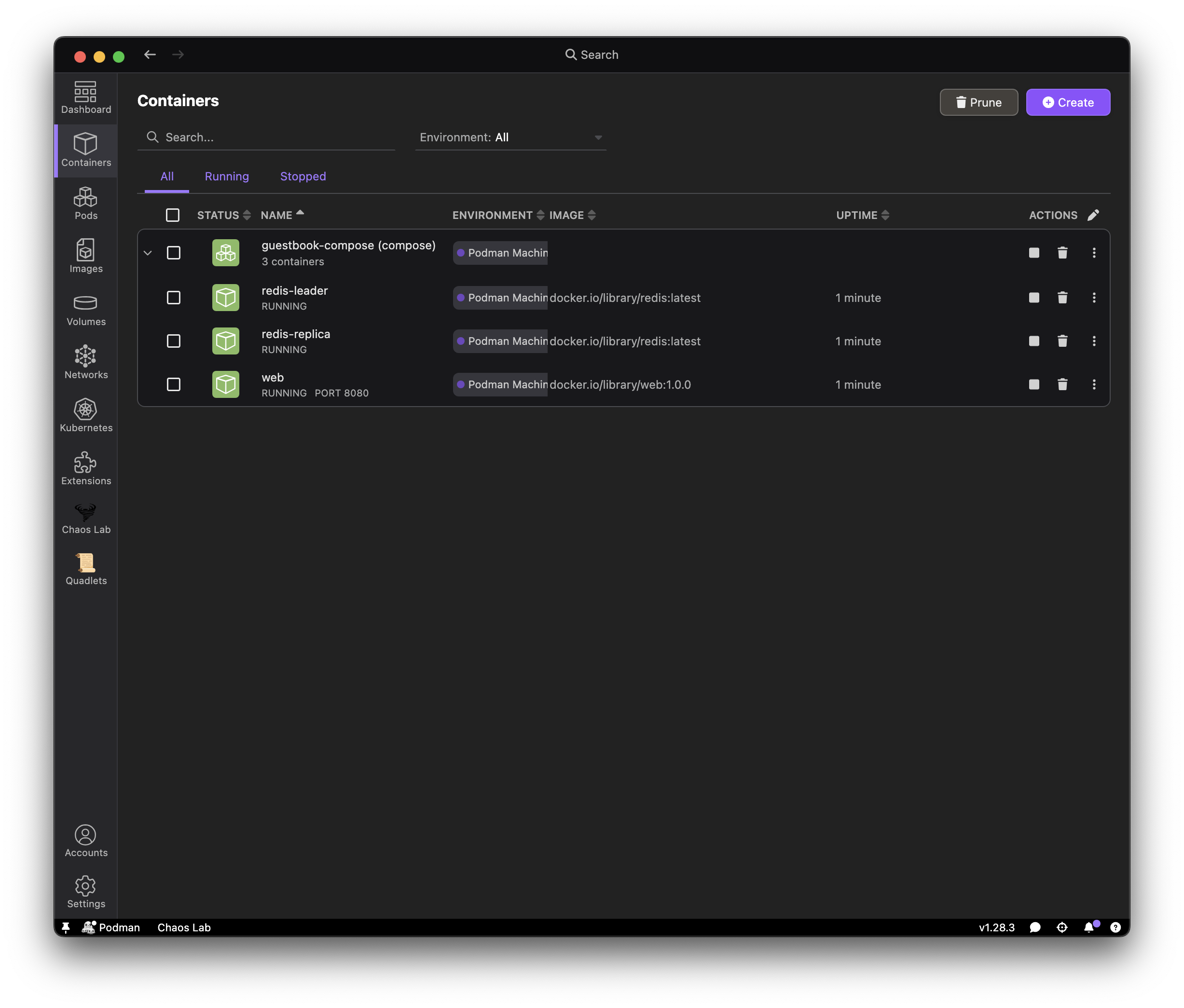 Step 1 in Podman Desktop: containers list