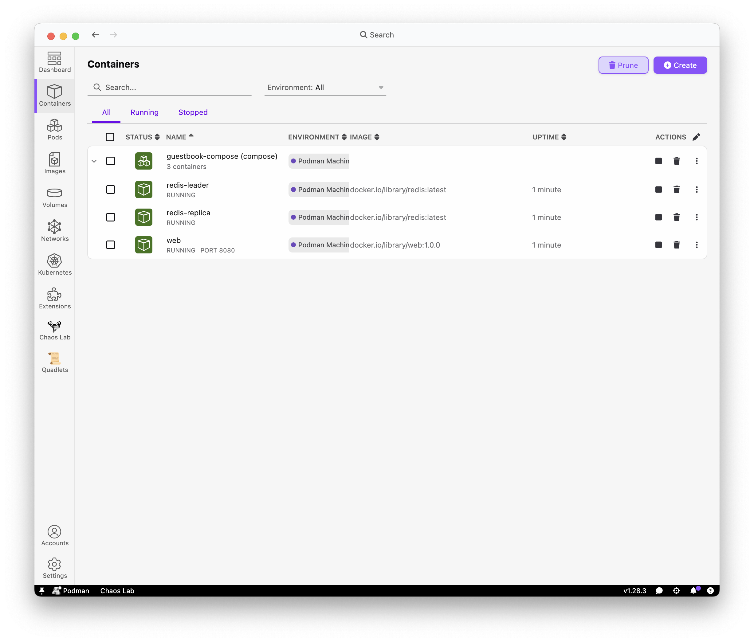 Step 1 in Podman Desktop: containers list
