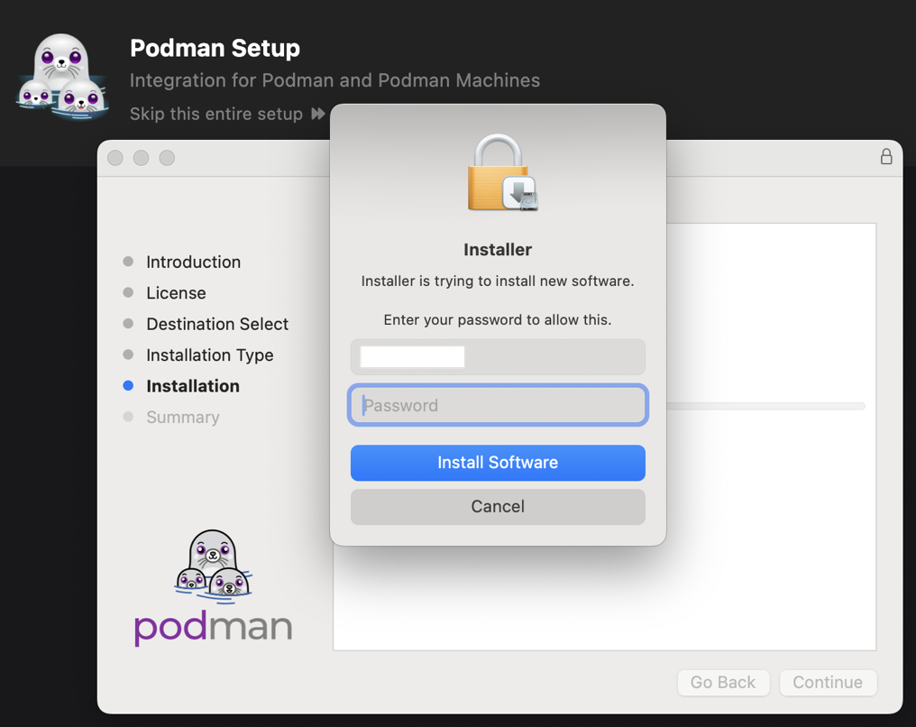 system password to install Podman