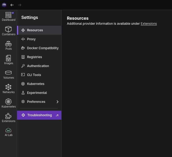 Troubleshooting section in Settings menu