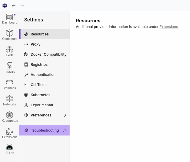 Troubleshooting section in Settings menu